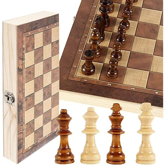 Шаховий набір 3-в-1 – складаний дерев'яний шаховий комплект для подорожей (29*29 см)