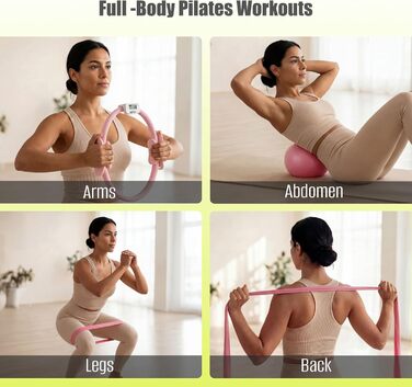 Pilates Set MaxU для жінок: коло 35 см, м'яч, гумові стрічки, кільце з лічильником та шкарпетки. Ідеальний набір для домашніх тренувань для початківців. Рожевий колір.