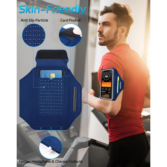 Спортивна сумка для телефону на руку Razobws з відділенням для навушників, підходить для iPhone 17 16 15 14 13 12 11 Pro Max, Galaxy S24 S23 Ultra, чорний/морський блакитний (до 6.8 дюймів)