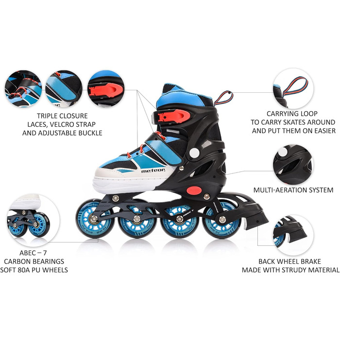 Дитячі ролики Meteor Rox з регулюванням – ролери для дівчаток та хлопчиків, підшипники ABEC-7 Carbon, колеса PU 72mm 80A, алюмінієвий каркас, розміри S30-33, L38-41 (Blue)