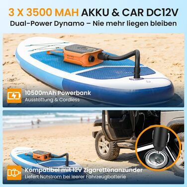Насос електричний TowerTop для SUP дошки, каяків, автомобілів: 50 PSI, 12V, 8 насадок, акумулятор 10500mAh, помпа двосторонньої дії