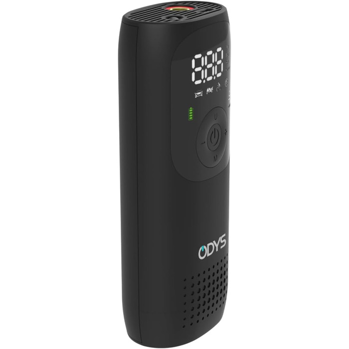 ODYS FlexPump акумуляторний портативний електричний компресор-насос для авто, мотоцикла, велосипеда, самоката, м'ячів (0-10 Бар, 0-150 PSI, 2000 мАг, зарядка USB-C, цифровий дисплей, LED-підсвітка)