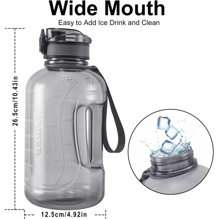 Фляга спортивна GEMFUL 2L з мітками часу - BPA-free, без витоку, з ручкою для фітнесу, офісу та відпочинку (Сіра)