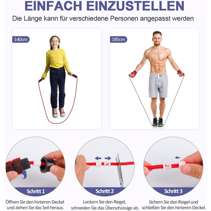 Скакалка Springseil: регульована, довговічна, з підшипниками 360°, без скручування, з ручками з Memory Foam, антиковзка, з сумкою для перенесення