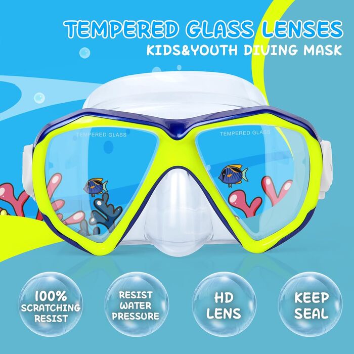 Дитячі окуляри для плавання Kinder Taucherbrille 180° Anti-Fog, жовті. Маска для снорклінгу з захистом носа та загартованим склом для хлопчиків та дівчаток 4-15 років