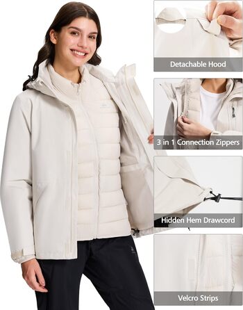 Зимова куртка Pioneer Camp для жінок – 3 в 1, для катання на лижах та сноуборді, водонепроникна, дихаюча, з бавовняною підкладкою (Світло-хакі, XXL)