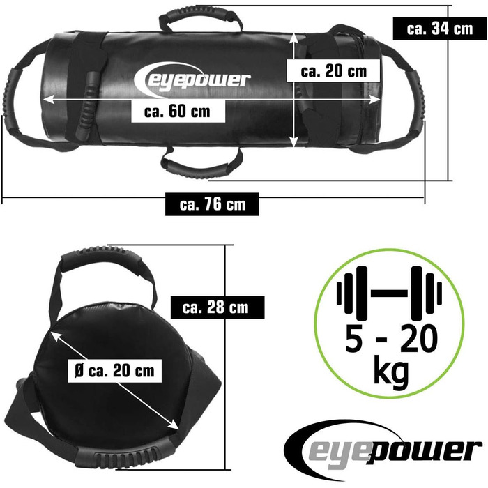 Мішок для тренувань EyePower 20 кг + 4 гантелі - заповнений піском - 6 ручок для фітнесу, для дому - 20x60 см, тренажер для пресу та спини, чорний