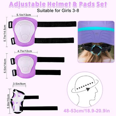Дитячий шолом та захист для велосипеда/скейтборда, 3-8 років, дівчинка, LED-ліхтарики, регульовані наколінники та налокітники, комплект, фіолетовий, русалка