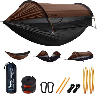 Гамак-намет Travel Bird з москітною сіткою та сонцезахистом, 290x140 см, великий простір, багатофункціональний, легкий, з ременями для кріплення до дерева, підходить для кемпінгу та відпочинку на природі, зелений (коричневий)