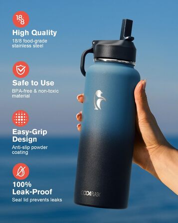 Термос-пляшка Coolflask 1180 мл з трубочкою та 3 кришками, ізольована металева пляшка для води, спорт або офіс, подвійна вакуумна ізоляція, легко миється, індиго-чорна
