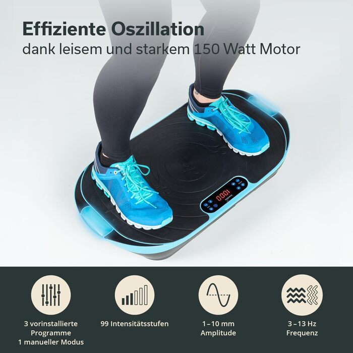 Вібраційна платформа Skandika V2 | Тренувальні ручки та стрічки, Оздоблювальна вібрація, Вигнутий дизайн, Тихий мотор, 99 рівнів, LCD-дисплей | Спортивний комплекс для дому Skandika блакитно-чорний