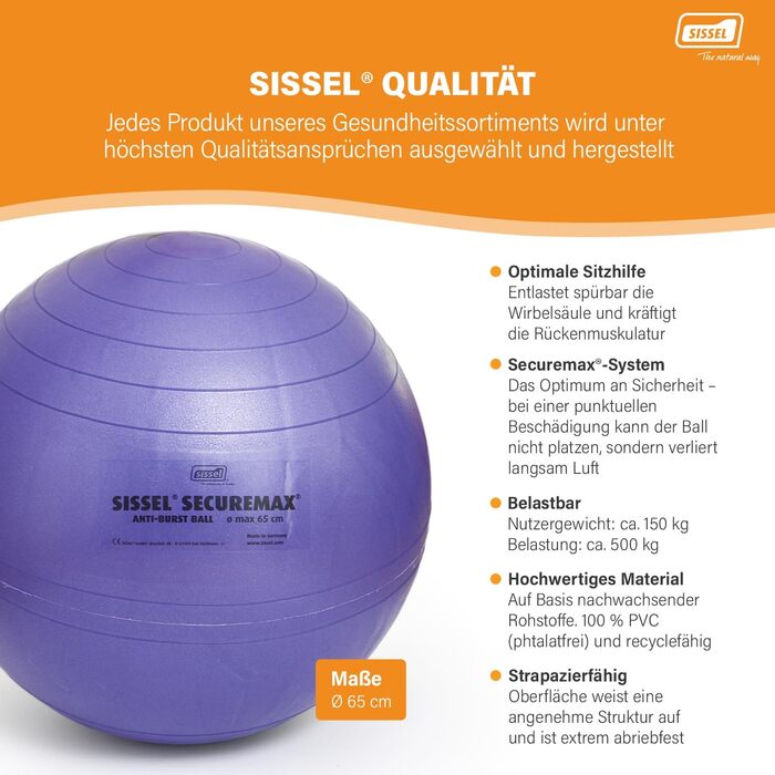Фітбол SISSEL SECUREMAX, до 500 кг, 100% ПВХ, для фітнесу та терапії, антивибухова система, з постером і знімачем пробки