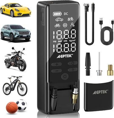 AGPTEK електричний насос-компресор 150PSI, 5000mAh, акумуляторний, 5 режимів, LED-підсвітка, авто-вимкнення, портативний для авто, велосипедів, мотоциклів та м'ячів