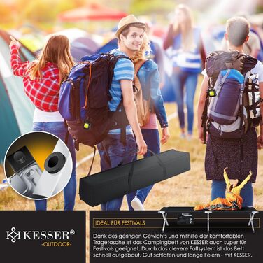 Кемпінг-ліжко KESSER® розкладне з сумкою, ліхтарем та кишенею, 190/210 см, чорне, металевий каркас, 150 кг