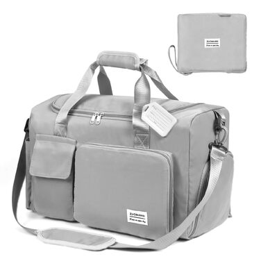 Складана дорожня сумка Flintronic 36L, велика водонепроникна сумка для подорожей, вікенду та спорту для чоловіків і жінок, сіра (з багажним бірком)