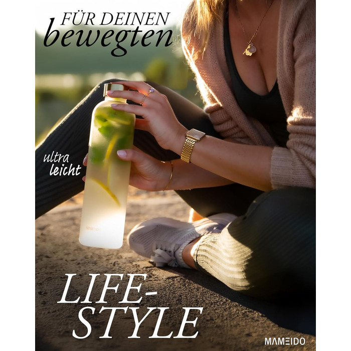 Фляга для води MAMEIDO 1 л з мітками часу, BPA-free, для спорту, фітнесу та офісу (1500 мл, Frosted White Gold)