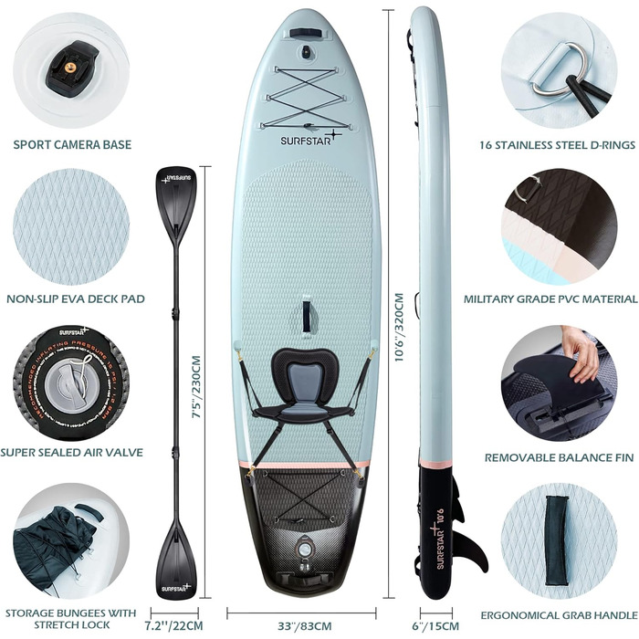 Надувна SUP-дошка Surfstar 320x84x15 см з сидінням для каяка, комплект для падлбордингу з тримачем для камери та аксесуарами