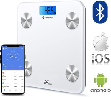 Інтелектуальна вага для тіла HomeFashion HFitness з Bluetooth, вимірювання жиру, BMI, iOS/Android, 28x28 см, білий корпус з блакитною підсвіткою