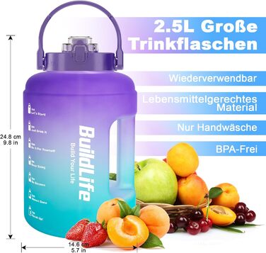 Спортивна пляшка BuildLife 2.5л з міткою часу та двома кришками - без BPA - для спортзалу (2500 мл, фіолетово-блакитний, 2500 мл)