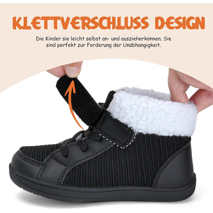 Дитячі зимові ботинки для ходьби Kinder - чорні, розмір 28 EU (Barefoot)