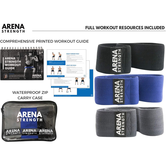 Тканинні еластичні смуги для тренувань Arena Strength Fabric Booty Bands - для ніг, сідниць, стегон | Смуги опору | З інструкцією та сумкою | Сірі, Сині, Чорні