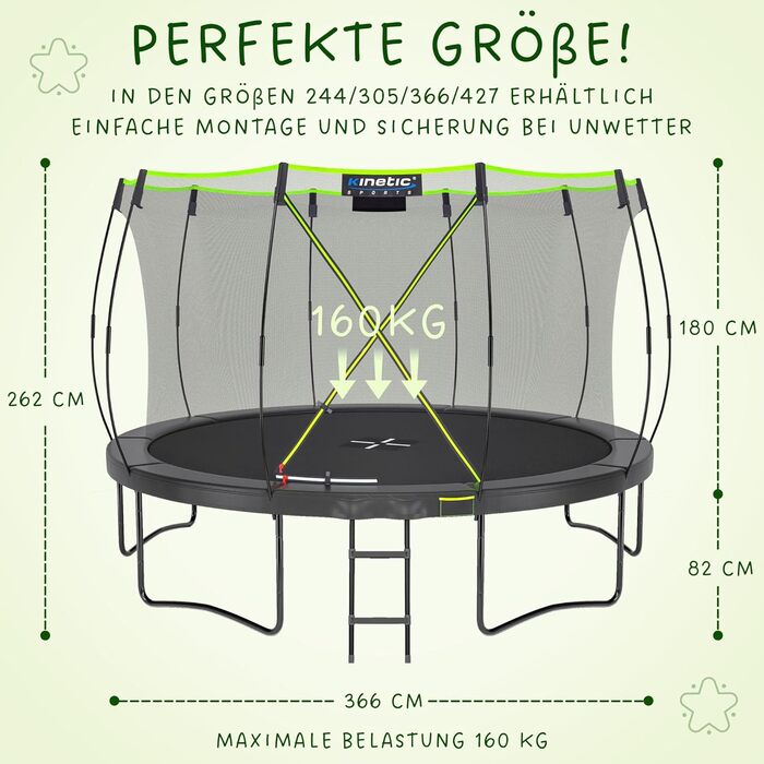Кінь-стрибун KINETIC SPORTS Ultimate Pro Ø 244/305/366/427 см – сертифікат TÜV Rheinland GS, з драбиною, скловолоконна сітка, для саду, дизайн 