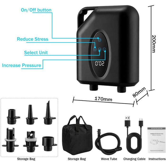 OBEST Електричний Насос для Шини 12000mAh, 20 PSI, Бездротовий, Подвійний, Автоматичне Вимкнення, Чорний