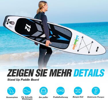 Надувне SUP-борд Zupapa 366см/320см (12ft) з аксесуарами | Stand Up Paddle Board з сидінням для каяка | Чорно-біло-сірий комплект