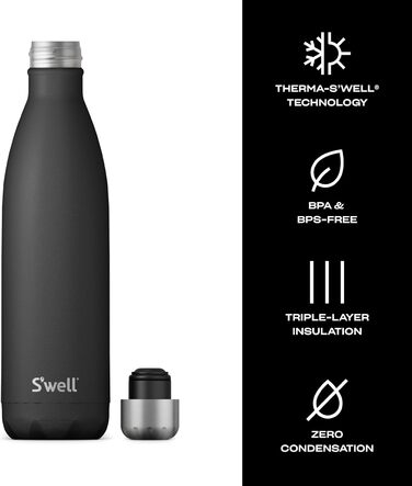 Пляшка для води S'well Onyx, 739 мл, з нержавіючої сталі, вакуумна, трьохшарова, зберігає напої холодними до 48 годин і гарячими до 24 годин, ідеальна для подорожей