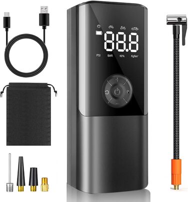 Електричний насос Viafexna 6000mAh, 150 PSI, з манометром для авто, велосипедів, м'ячів, матраців, лампа та Powerbank