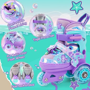 Дитячі ролики Meerjungfrau для дівчаток, 4 розміри, регульовані, з підсвічуванням, 3 колеса, фіолетовий