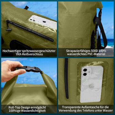 Водонепроникний рюкзак ioutdoor 30-35 л, rolltop, для водних видів спорту, велоспорту та туризму, з м'якими лямками та водонепроникною блискавкою