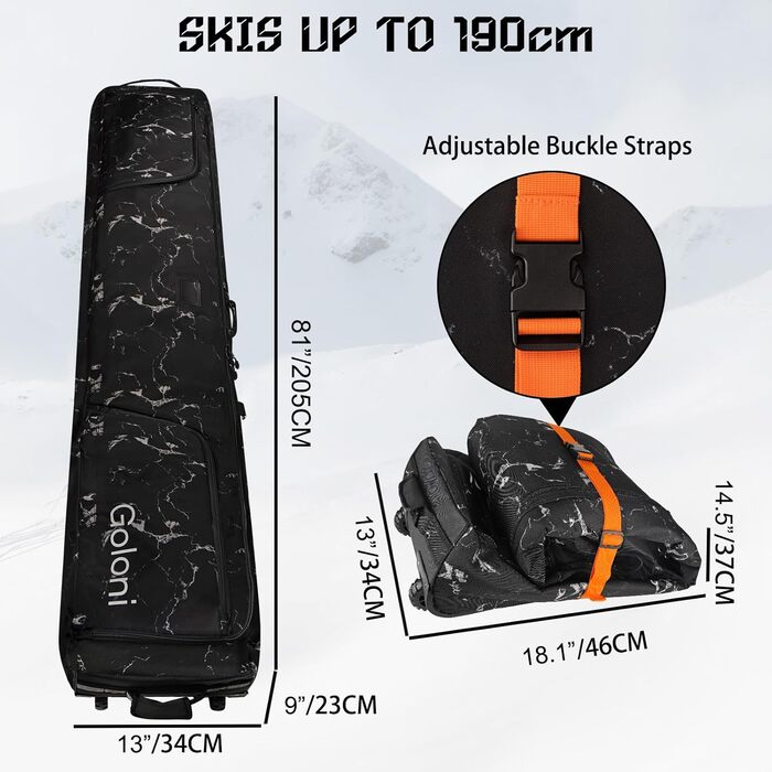 Чохол для сноуборду Goloni з роликами, для подорожей літаком, 600D водонепроникний матеріал, складаний чохол для 2 пар лиж (190см, Чорний/Білий)