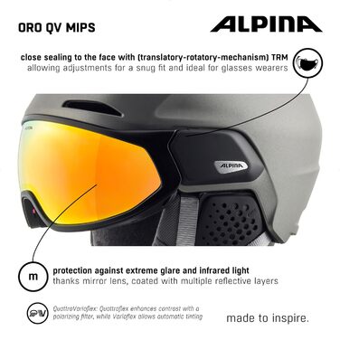 Лижний шолом ALPINA ORO QV MIPS з візором, металево-сірий матовий, 55-59 см, максимальний захист, самотонована лінза