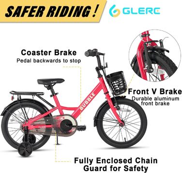 Дитяче велосипед Glerc Bubble 12/14/16 дюймів для хлопчиків та дівчаток 3-8 років з корзиною та стабілізаторами, різні кольори (рожевий, 14 дюймів)