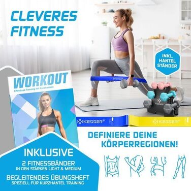 Набір гантелей KESSER® 12 кг з підставкою, 3 пари (1-5 кг), нековзкий неопрен, з інструкцією та фітнес-гумками