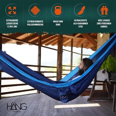 Гамак HÄNG XXL 300x170 см для 2 осіб - вуличний, водостійкий, ультралегкий (850г), вантажопідйомність 200 кг - з парашутної тканини для кемпінгу, подорожей та саду + комплект кріплень (Navy & Blue)