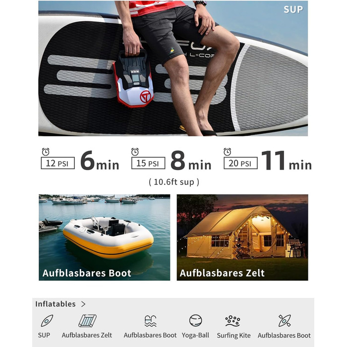 Насос для SUP-дошки GICLE 22PSI, електричний, портативний, для надувних SUP, човнів, водних видів спорту, білий/чорний