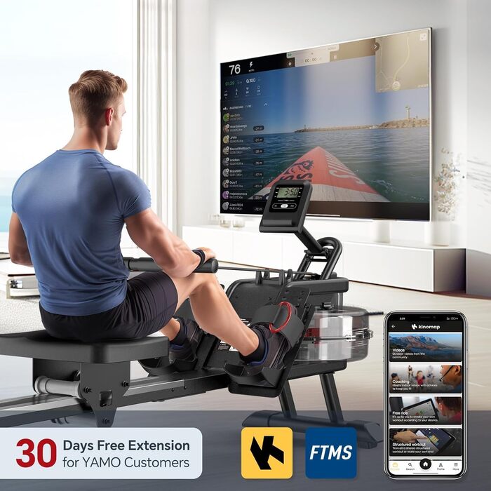 Гребний тренажер YAMO YR35 - 16л резервуар, LCD, Bluetooth, Kinomap, жовтий
