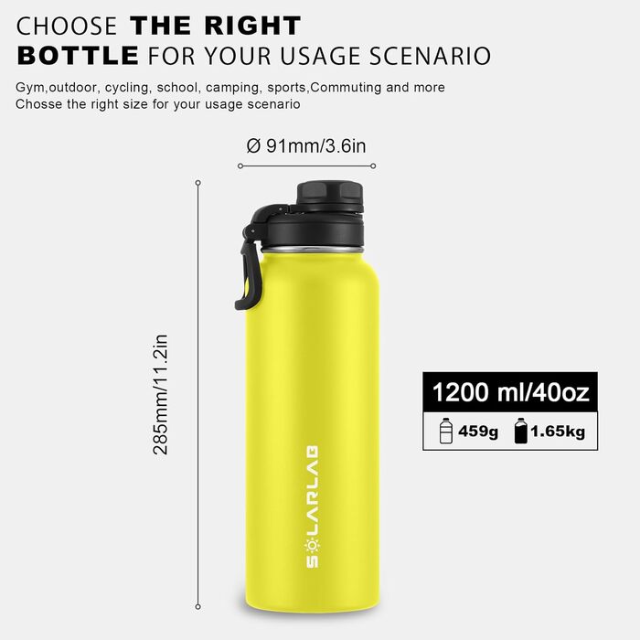 Термос-бутилка SOLARLAB з нержавіючої сталі 1,2 л, ізотермічна, для гарячих і холодних напоїв, для спорту та активного відпочинку, жовта