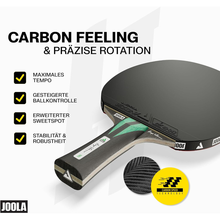 Ракетка для настільного тенісу JOOLA Hugo Calderano Carbon з м'ячами та чохлом, ITTF, чорно-зелена