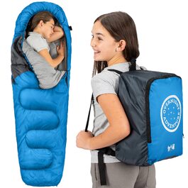 Дитячий спальник Trail Mumienschlafsack для кемпінгу 3 сезони, блакитний, 300 г/м² - з транспортним рюкзаком для хлопчиків та дівчаток