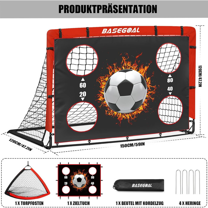 Дитячі футбольні ворота Klappbares Fußballtor 150x120 см з мішенню, 2-в-1 для саду та пляжу, з сумкою та анкерами