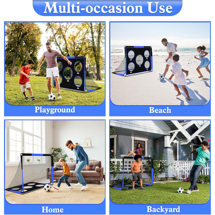 Дитячі ворота для футболу 2-в-1, 150 x 120 см, переносні та стабільні, з 5 цілями, 4 земляні кілочки та сумка, для саду, парку, пляжу (блакитні)