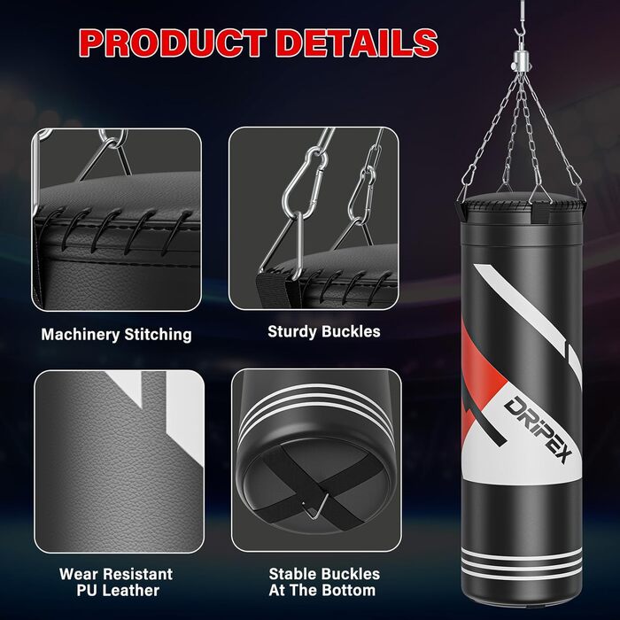Боксерський мішок Dripex з наповнювачем, важкий підвісний боксерський мішок, комплект з міцним сталевим ланцюгом на 360° та боксерськими рукавичками для тренувань кікбоксингу, фітнесу, MMA