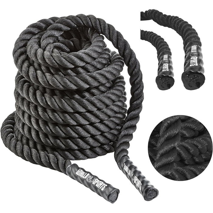 GORILLA SPORTS® Батл-канат 15 м, 38/50 мм, неслизькі ручки, нейлон, чорний – тренувальний канат для фітнесу, кросфіту, батл-роуп, для залу та спорту