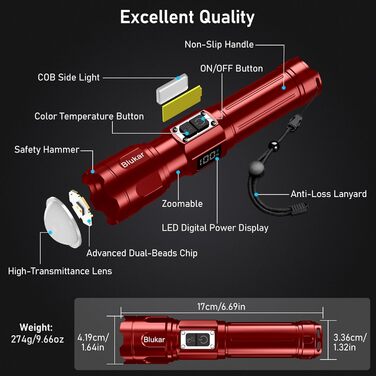 Ліхтар Blukar LED з 2 режимами кольору, головним світлом та COB бічним світлом, перезаряджуваний, надзвичайно яскравий, з плавною регулюванням, з функцією зуму, 7 режимів, водонепроникний, для активного відпочинку та надзвичайних ситуацій (каштанового кол