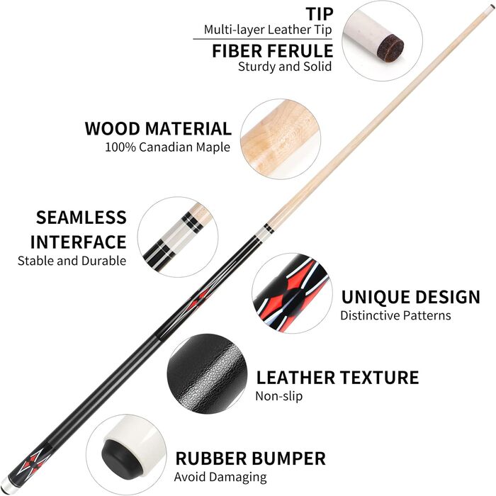 AKLOT Більярдний кий, набір 3 шт., канадський клен, 147.3 см, змішана вага