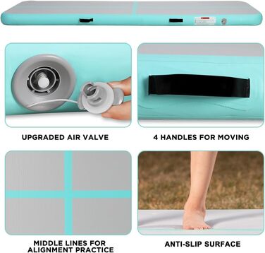 Гімнастичний надувний мат для акробатики та тренувань, 10/20 см, надувний, з насосом, 400x100x10 см, зелений