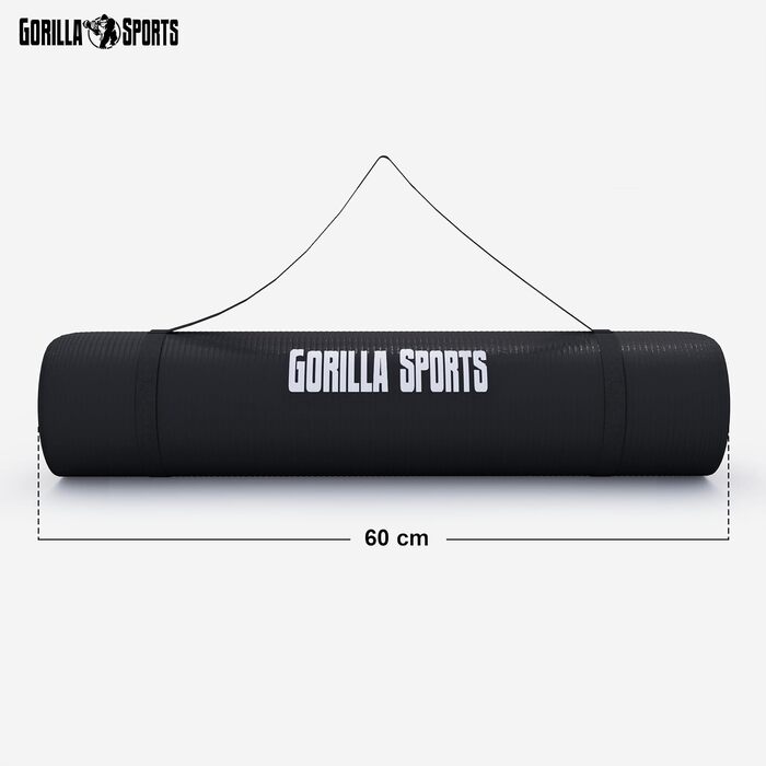 Йога мат GORILLA SPORTS® 190x100x1,5 см з ручним ременем, не містить фталатів, антиковзаюча, чорна. Підходить для фітнесу, гімнастики та тренувань